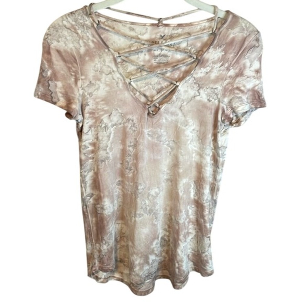 American Eagle Soft & Sexy T-Shirt XS Brown & Beige Marble‎ Print Criss Cross